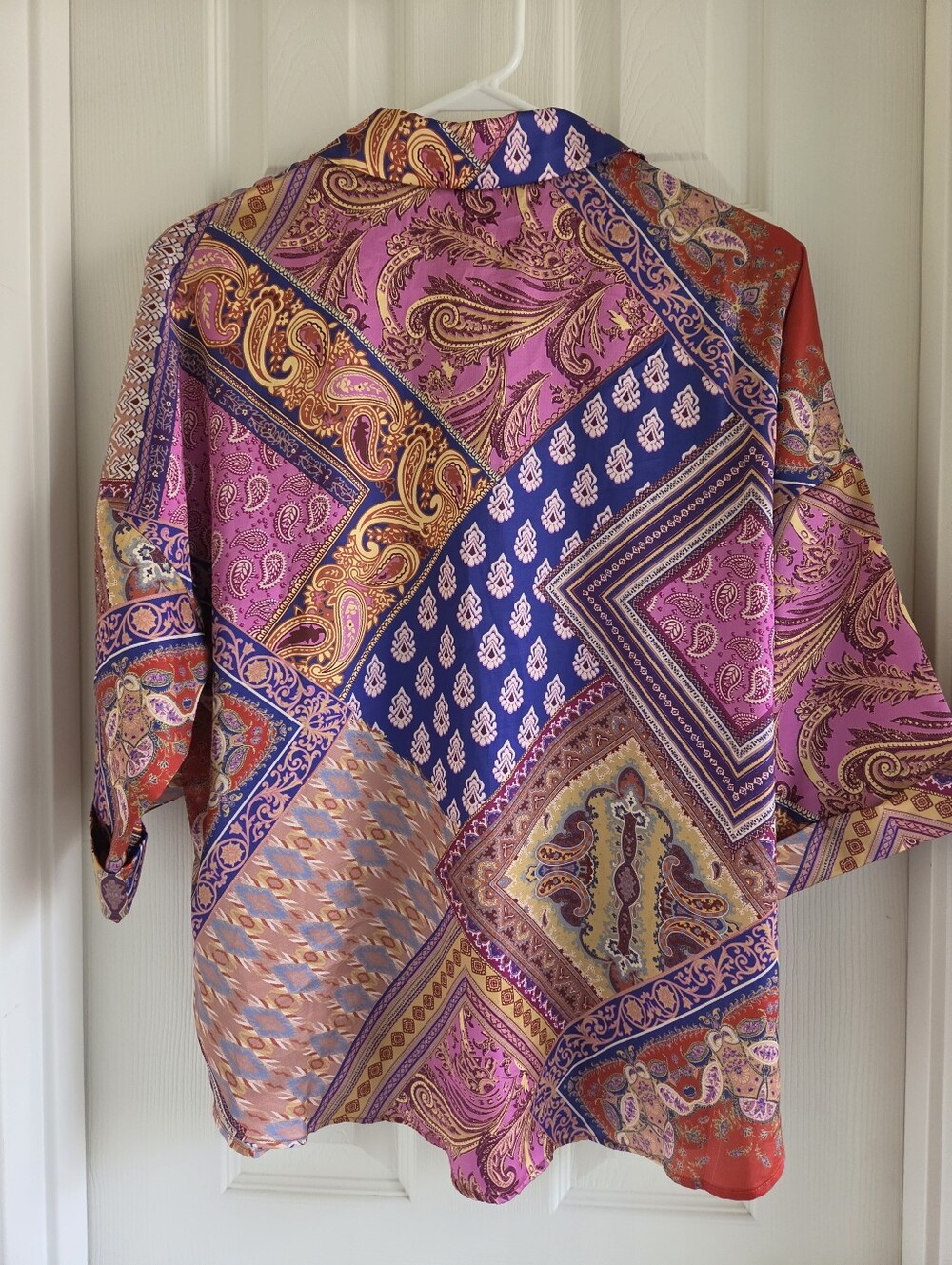 Cato Fashions Size L Patchwork Paisley Button Down Blouse Top Pink Red Boho - Picture 8 of 8
